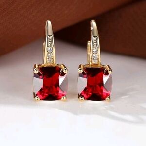 Square Gold and Red Gemstone Minimalist Decor Hoop Earrings